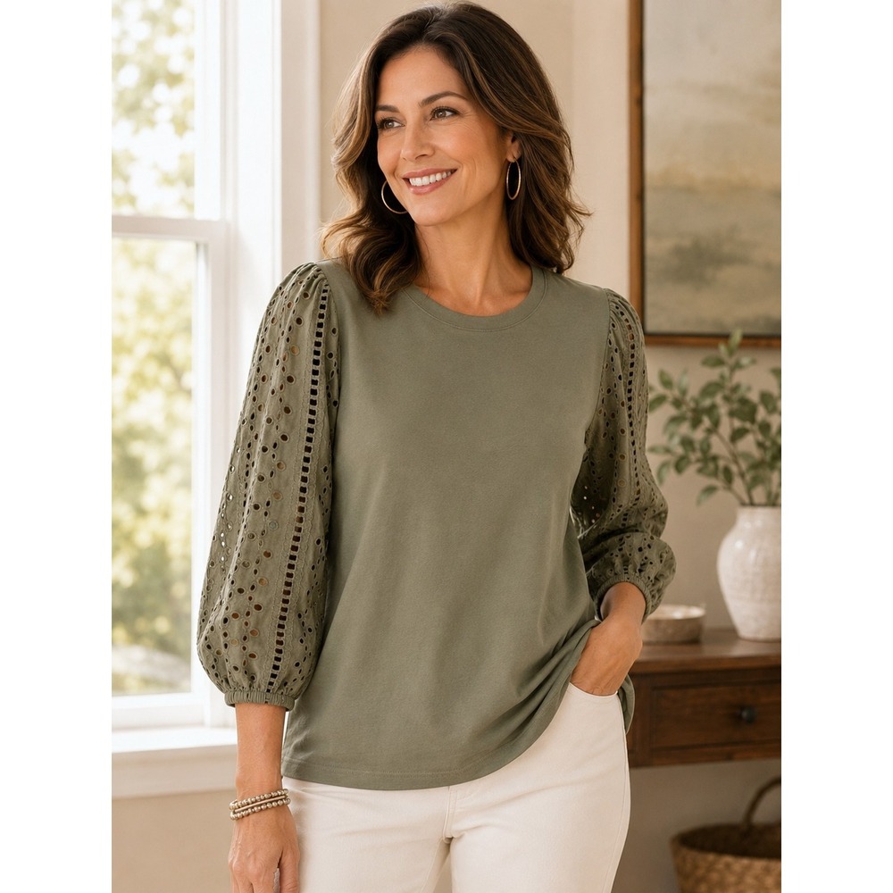 Chico's Women 0 (Small) Olive Green Eyelet Puff Sleeve Blouse Cotton Stretch Top
